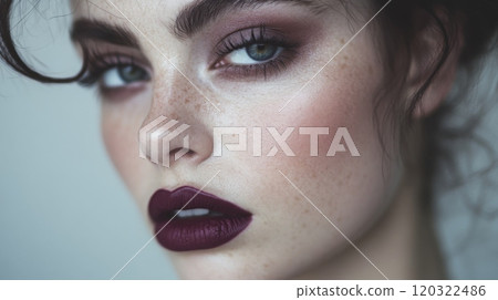 A model features striking makeup with deep maroon lips, smoky eyes, and flawless skin 120322486
