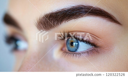A close-up view of a person's eye showcases striking blue irises, well-groomed eyebrows, and long eyelashes. The natural makeup enhances the eye's features and elegance. 120322526
