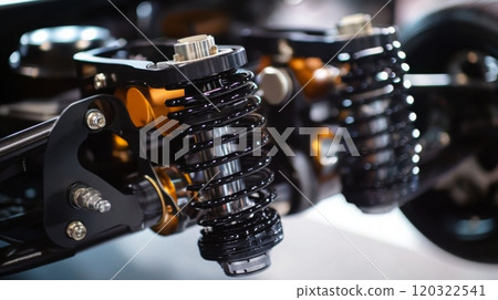 Detailed view of sleek shock absorbers mounted on a sports car chassis in a workshop, showcasing advanced engineering. Detailed view of sleek shock absorbers mounted on a sports car chassis in a workshop, showcasing advanced engineering. 120322541