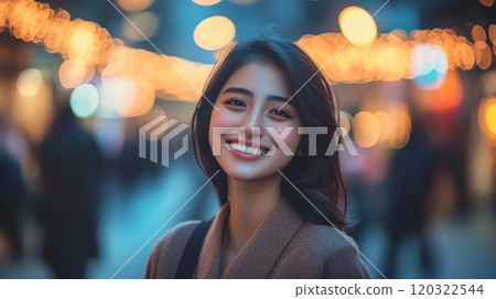 A young asian woman stands smiling warmly on a bustling street filled with soft glowing lights. The evening atmosphere captures the joyful essence of urban life, creating a welcoming ambiance. 120322544