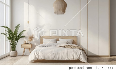 A white bedroom with a large bed with white bedding and a brown blanket. On the left side of the bed is a tall, green potted plant 120322554