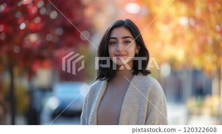 A young woman stands confidently on a vibrant autumn street, surrounded by trees showcasing brilliant red and yellow foliage 120322608