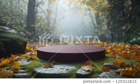 A circular platform rests quietly on a path covered in vivid autumn leaves, surrounded by a misty forest. The early morning light filters through trees, creating a serene, enchanting atmosphere. 120322615