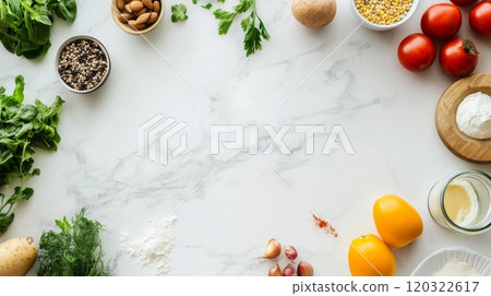 A white marble countertop with various ingredients arranged around the edges, including spinach, almonds, peppercorns, parsley, potatoes, corn, tomatoes, flour, lemons, and garlic. 120322617