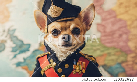A charming Chihuahua dressed in a military uniform stands proudly, showcasing its unique attire with medals. The backdrop features a vintage world map, adding an adventurous touch to the setting. 120322688