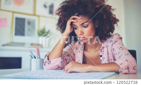A woman with curly brown hair is sitting at a desk, looking down with a worried expression. She is wearing a light pink shirt with a floral pattern and has her hand on her forehead. 120322716