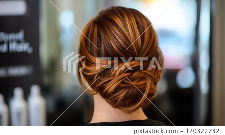 A sophisticated updo hairstyle features rich auburn highlights intricately styled and secured at the back. The setting is a stylish salon, radiating a vibrant and professional atmosphere. 120322732