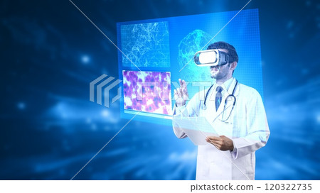 Smart medical worker holding medical document hologram at laboratory. Apparatus. Smart medical worker holding medical document hologram at laboratory. Apparatus. 120322735