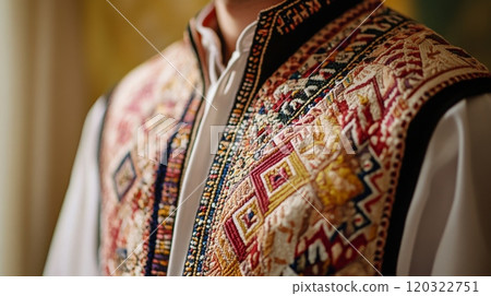 A person wears a beautifully embroidered vest adorned with intricate patterns, symbolizing cultural heritage during a festive gathering. 120322751
