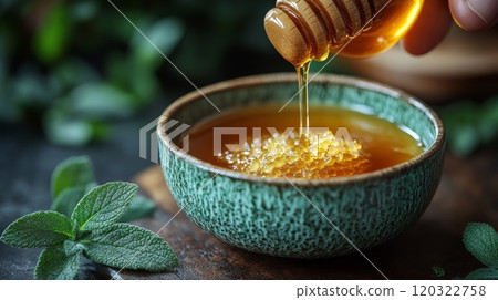 A hand gently drizzles golden honey from a wooden dipper into a textured green bowl filled with warm liquid. Fresh herbs surround the bowl, enhancing the natural ambiance. A hand gently drizzles golden honey from a wooden dipper into a textured green bowl filled with warm liquid. Fresh herbs surround the bowl, enhancing the natural ambiance. 120322758