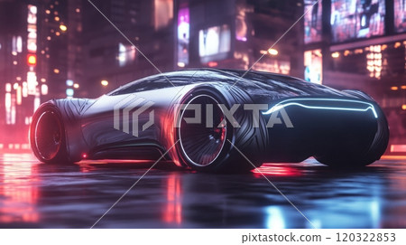 A sleek, futuristic sports car with glowing accents is parked on a wet street, reflecting vibrant neon lights from nearby buildings in an urban area at night. 120322853