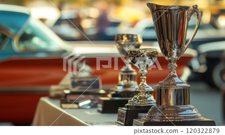 A row of shiny trophies is showcased on a table at a classic car show, with vintage vehicles visible in the background under clear skies. 120322879