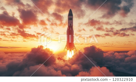 A rocket ascends from the launchpad at sunset, surrounded by colorful clouds and bright streaks of light. The powerful engines ignite, sending billowing smoke and flames into the evening sky. A rocket ascends from the launchpad at sunset, surrounded by colorful clouds and bright streaks of light. The powerful engines ignite, sending billowing smoke and flames into the evening sky. 120322910