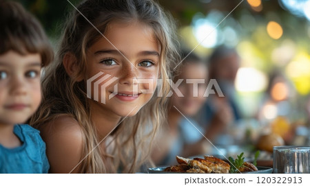 A group of children shares a delightful meal outdoors as the sun sets, filling the air with laughter and joy. One girl beams with happiness, surrounded by friends. A group of children shares a delightful meal outdoors as the sun sets, filling the air with laughter and joy. One girl beams with happiness, surrounded by friends. 120322913