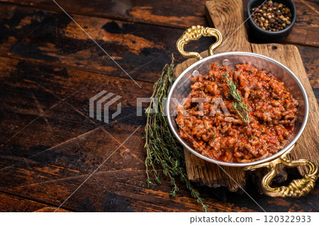 Bolognese Sauce, Authentic Italian meat and tomato pasta recipe. wooden background. top view 120322933