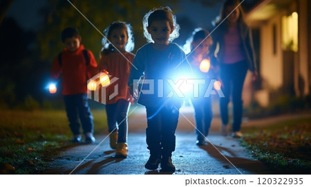 A group of young children walks down a suburban path at night, carrying colorful lanterns and flashlights. Their excitement is palpable as they explore their surroundings with a parent nearby. 120322935