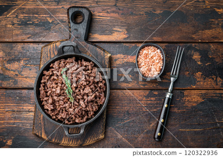 Fried ground beef and pork meat, fresh cooked mince in a skillet. wooden background. top view 120322936