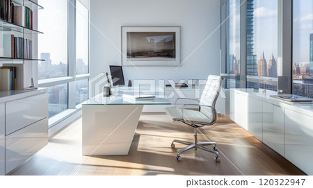 A contemporary office setting features a sleek glass desk, ergonomic chair, and open space with large windows. The bright room overlooks a bustling city skyline, creating an inspiring workspace. A contemporary office setting features a sleek glass desk, ergonomic chair, and open space with large windows. The bright room overlooks a bustling city skyline, creating an inspiring workspace. 120322947