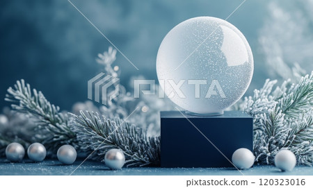 A clear glass snow globe with a frosted exterior sits on a blue square base. A clear glass snow globe with a frosted exterior sits on a blue square base. 120323016