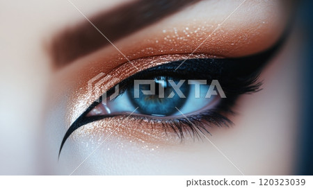 A detailed view of an eye featuring bold eyeliner, lustrous eyeshadow, and vivid blue iris, showcasing an artistic makeup look. 120323039