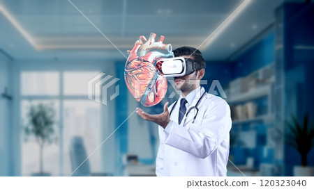 Doctor with VR headset pointing at heart hologram at laboratory. Apparatus. 120323040