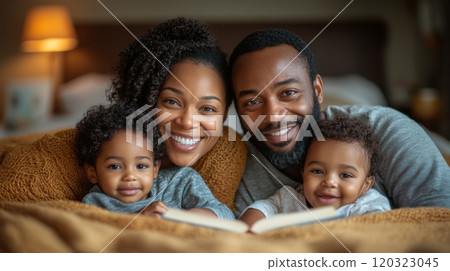 A happy family of four enjoys a cozy afternoon in their bedroom, with parents reading to their two young children, creating a warm and loving atmosphere. 120323045