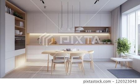 A modern kitchen with white cabinets and a wooden dining table, featuring a large window with a plant in the corner, and a shelf with white dishes on top of the cabinets. 120323048