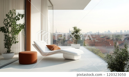 A sleek lounge area features a stylish chaise lounge and round ottoman, surrounded by potted plants. The large windows offer an expansive view of the city skyline during a serene sunset. 120323050
