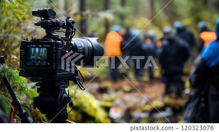 A professional camera is focused on a group of attendees engaged in a nature photography workshop in a lush forest. A professional camera is focused on a group of attendees engaged in a nature photography workshop in a lush forest. 120323076
