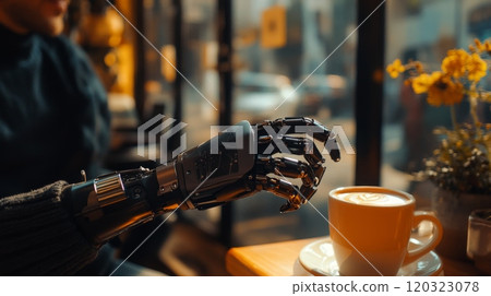In a cozy cafe, a person with a sleek robotic hand reaches for a latte, surrounded by warm sunlight and colorful flowers, creating a lively atmosphere for relaxation and conversation. In a cozy cafe, a person with a sleek robotic hand reaches for a latte, surrounded by warm sunlight and colorful flowers, creating a lively atmosphere for relaxation and conversation. 120323078