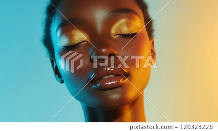 A model displays radiant eye makeup under creatively colored lighting, highlighting natural beauty and artistry. 120323228