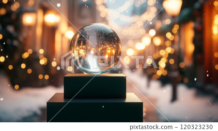 A crystal ball sits on a pedestal, capturing the warm glow of holiday lights along a snowy street, while soft snowflakes fall gently around. This moment embodies the magic of winter celebrations. 120323230