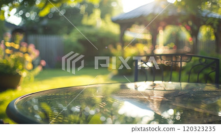 A glass table sits in a sunny backyard, surrounded by lush greenery and a blurred gazebo in the background. 120323235