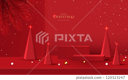 Podium shape for show cosmetic product display for christmas day or new years. Stand product showcase on red background with lighting christmas. vector design. Podium shape for show cosmetic product display for christmas day or new years. Stand product showcase on red background with lighting christmas. vector design. 120323247