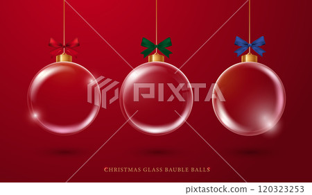 Christmas glass bauble balls, realistic on red background. glass globe stands for Christmas and New Year winter holiday, crystal baubles decoration with snow snowflakes. vector design. 120323253