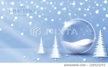 Christmas glass ball in snow with tree. glass globe for Christmas and New Year winter holiday, crystal baubles decoration with snowflakes on sparkling In shiny background. vector design. Christmas glass ball in snow with tree. glass globe for Christmas and New Year winter holiday, crystal baubles decoration with snowflakes on sparkling In shiny background. vector design. 120323255