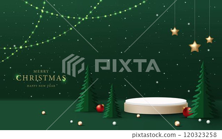 Podium shape for show cosmetic product display for christmas day or new years. Stand product showcase on green background with lighting christmas. vector design. Podium shape for show cosmetic product display for christmas day or new years. Stand product showcase on green background with lighting christmas. vector design. 120323258