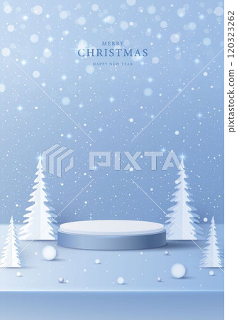 Podium shape for show cosmetic product display for christmas day or new years. Stand product showcase on blue background with lighting christmas. vector design. 120323262