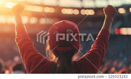 A dedicated fan raises her arms in excitement, wearing a red cap, while cheering amidst a vibrant crowd during a sunset game. 120323281