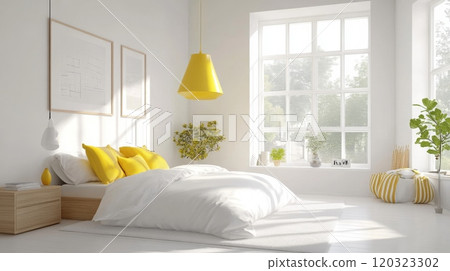 This cozy modern bedroom features bright yellow accents that brighten the space, creating a welcoming atmosphere. Sunlight streams through the large window, highlighting the soft bedding and decor. This cozy modern bedroom features bright yellow accents that brighten the space, creating a welcoming atmosphere. Sunlight streams through the large window, highlighting the soft bedding and decor. 120323302