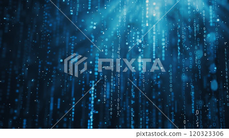 Binary code falls like rain on a dark blue background. The light from the code illuminates the scene. Binary code falls like rain on a dark blue background. The light from the code illuminates the scene. 120323306