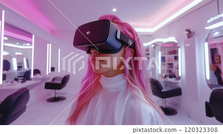 A young woman with vibrant pink hair wears a virtual reality headset while exploring a chic salon environment filled with stylish mirrors and ambient lighting. A young woman with vibrant pink hair wears a virtual reality headset while exploring a chic salon environment filled with stylish mirrors and ambient lighting. 120323308