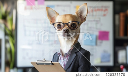 A Chihuahua wearing glasses and a suit stands confidently with a clipboard in an office filled with charts and colorful notes, embodying a humorous take on professionalism and business. A Chihuahua wearing glasses and a suit stands confidently with a clipboard in an office filled with charts and colorful notes, embodying a humorous take on professionalism and business. 120323378