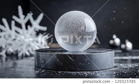 A clear sphere filled with floating particles is positioned on a sleek marble base, surrounded by a delicate snowflake decoration and festive ornaments, creating a serene winter ambiance. A clear sphere filled with floating particles is positioned on a sleek marble base, surrounded by a delicate snowflake decoration and festive ornaments, creating a serene winter ambiance. 120323385