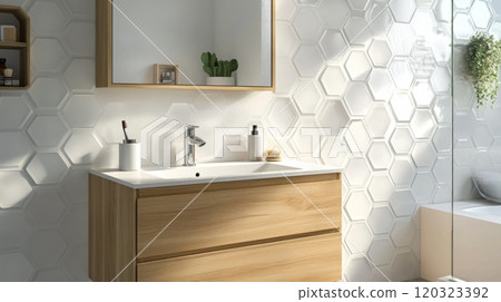 A modern bathroom features a white hexagonal tiled wall with a white porcelain sink and a light wooden vanity cabinet with two drawers 120323392