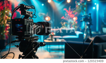 A professional video camera is set up on a tripod, capturing footage of a live event taking place on a stage. 120323409