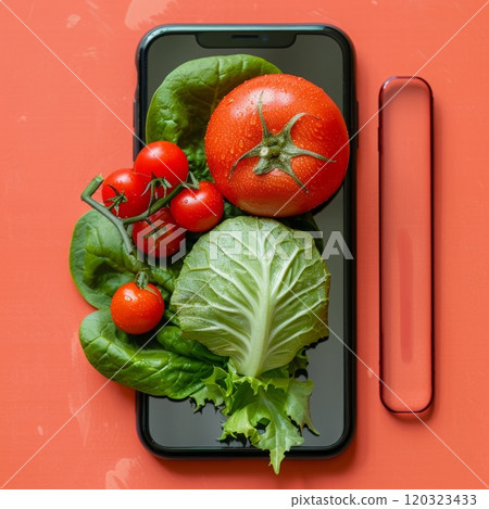 A tray featuring vibrant red tomatoes and fresh green lettuce, neatly arranged and ready for consumption. 120323433