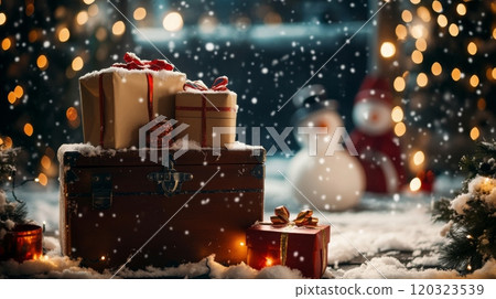 Presents wrapped in festive paper are placed on a rustic trunk surrounded by snow, with softly glowing lights and a cheerful snowman in the background on a magical winter evening. 120323539
