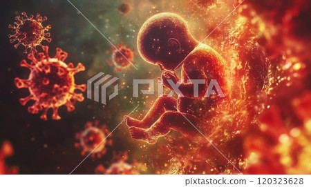 A vivid representation of a fetus positioned in a contemplative pose, surrounded by colorful virus illustrations, showcasing a dramatic interplay of life and infection in a surreal artistic setting. 120323628