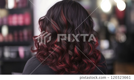 A person with beautifully curled dark hair featuring striking red highlights is seated at a salon. The vibrant colors reflect the lively atmosphere of a professional beauty environment. 120323661